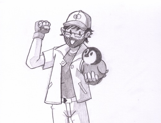 Asheesh Laroia dressed up as Ash Ketchum from Pokemon, holding Sufjan in one hand