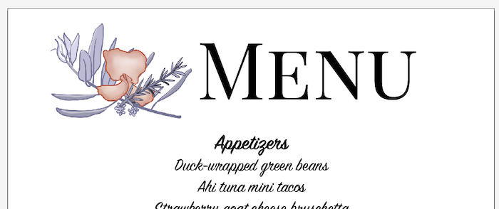 Menu header with drawing of a storm-blue olive branch and rosemary sprig and salmon sweet pea flower.