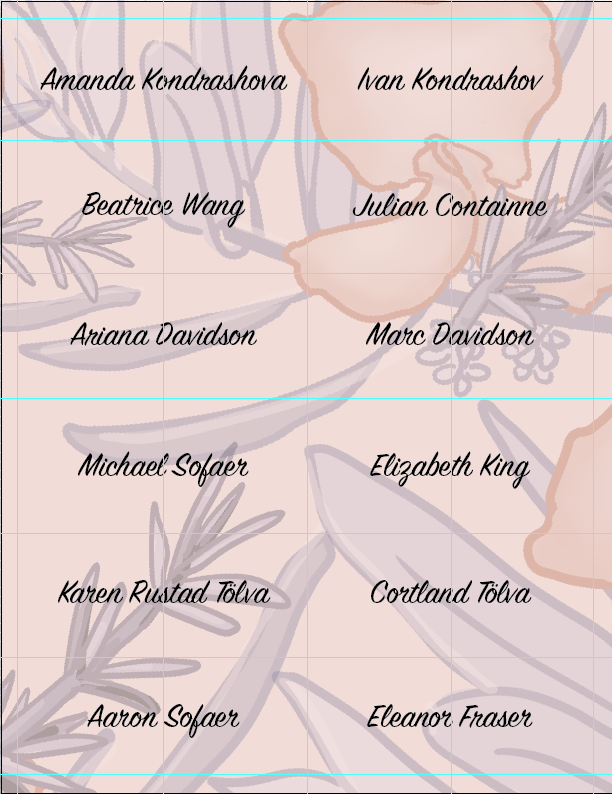 Placecards with different attendees' names; the background has rosemary sprigs, olive branches, and sweet pea flowers. 