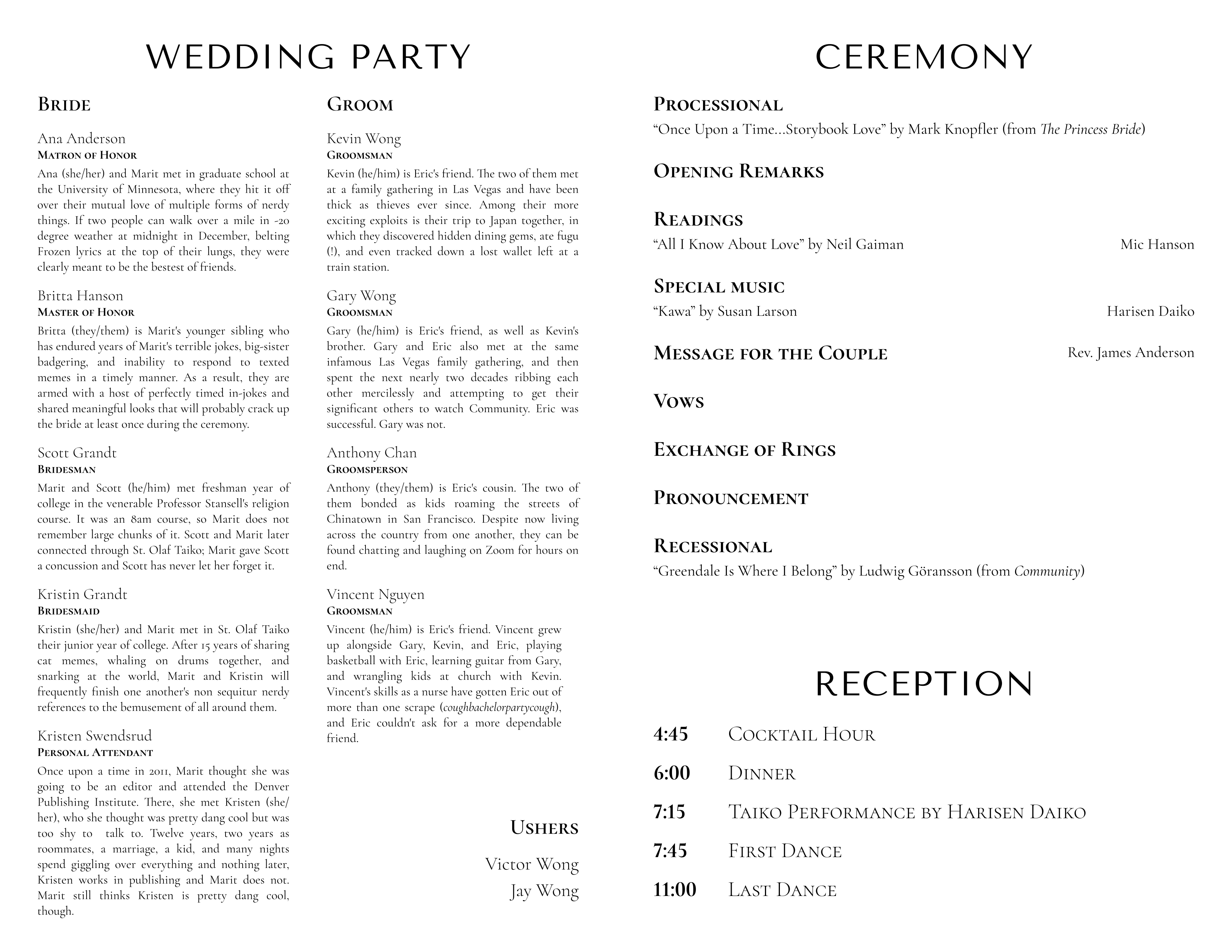 Program interior with attendant bios, ceremony items, and reception timeline