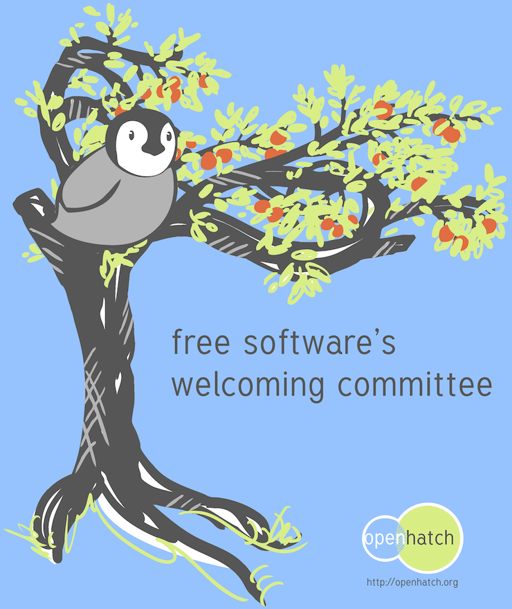 OpenHatch t-shirt design Sufjan sitting in an orange tree, with caption 'free software's welcoming committee'
